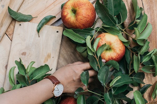 Hand wearing watch reaching into freshly picked apples