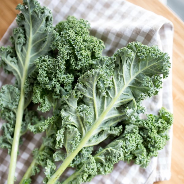 Fresh kale laying on a table cloth on a wooden table