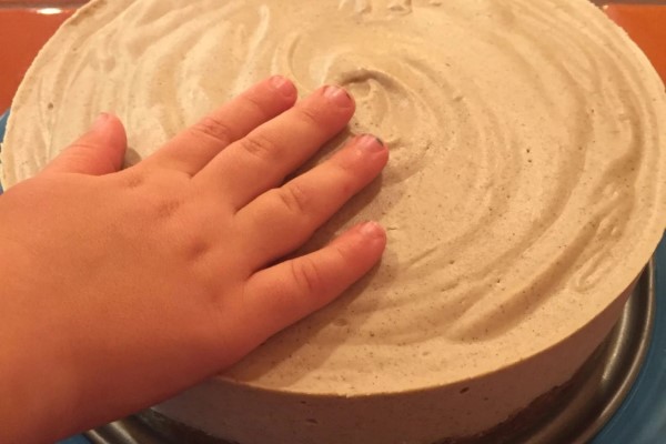 A hand touching a picturesque cashew cheesecake